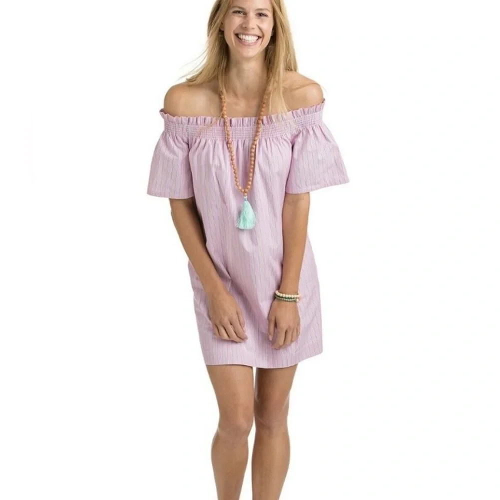 Vineyard Vines Striped Off the Shoulder Dress Medium Pink Shirred Coastal Resort - Picture 1 of 11